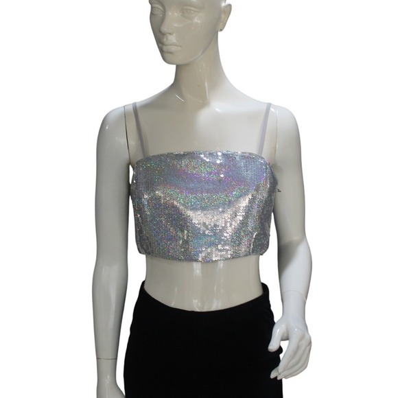GB girls Tops - GB Silver Sequin Crop Top Bandeau Style Spaghetti Straps Size M NWT